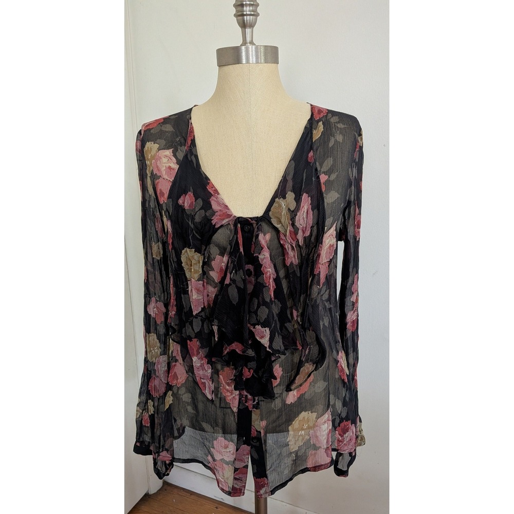 Lauren Ralph Lauren Sz 8 100% Silk Sheer Floral Ruffle Blouse Top Romantic Goth